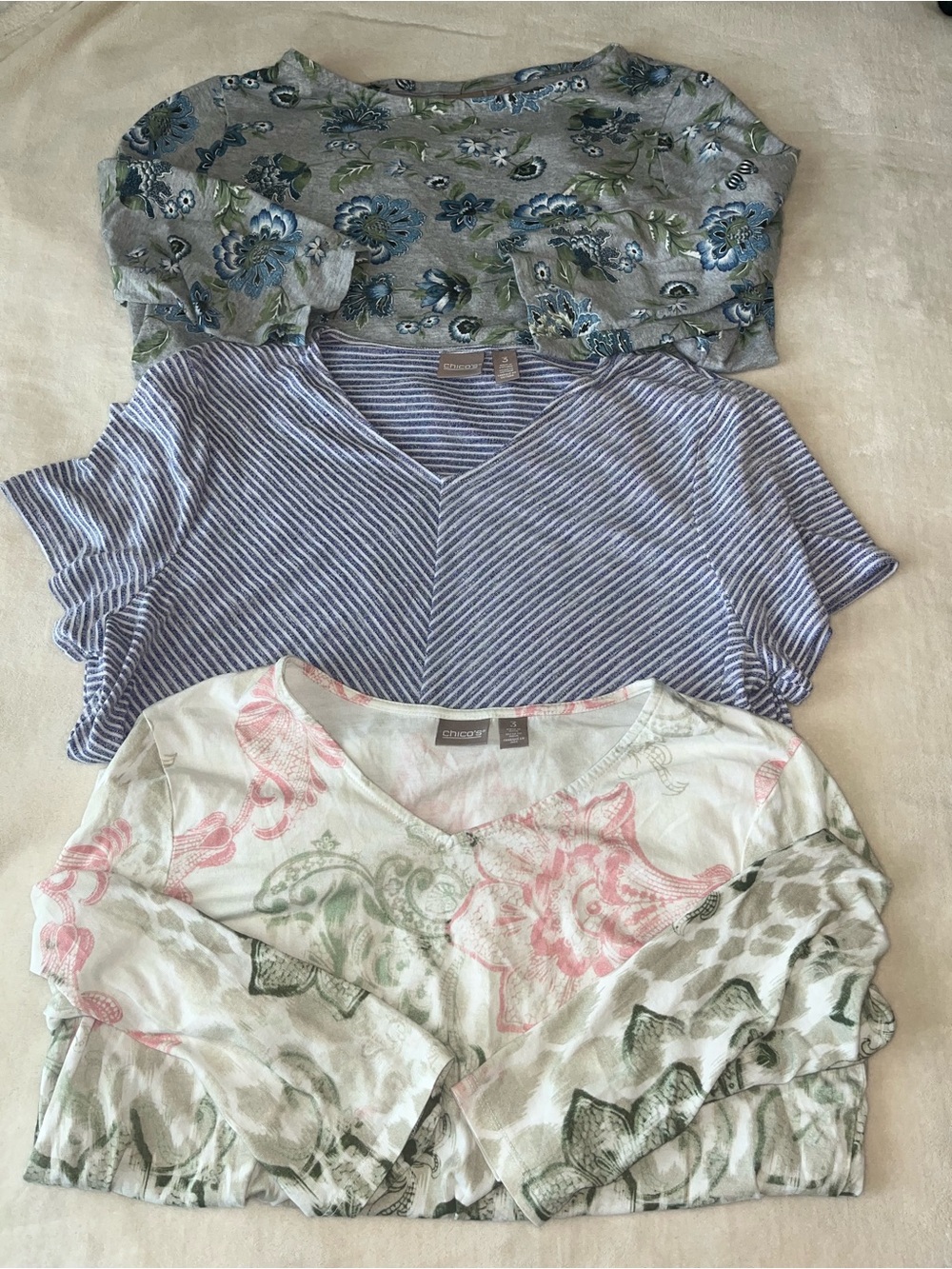 Chicos Bundle of 3 Womens Tees Tshirt Top Stripes Floral Casual Sz 3 or XL